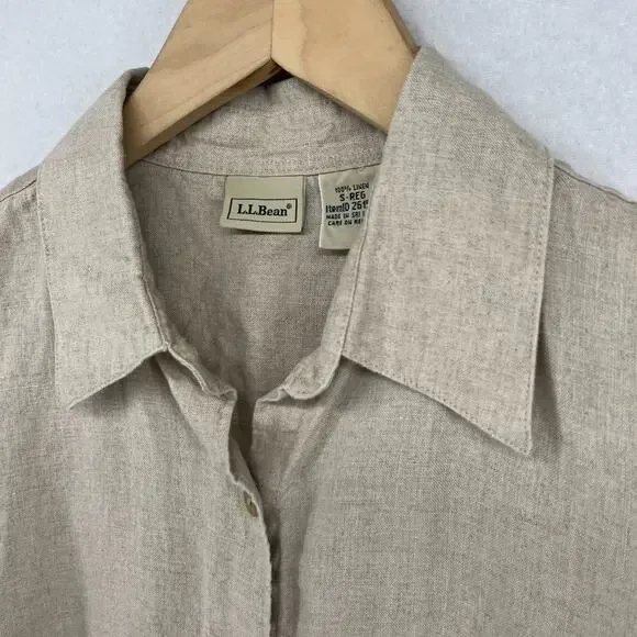 LL BEAN Shirt Womens S Washable Linen Button Up Short Sleeve Woven Beige - Picture 7 of 12